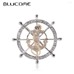 Brooches Blucome Creative Navy Wind Full Drill Rudder Anchor Brooch Men's Exquisite Suit Collar Pin Fashion Clothing