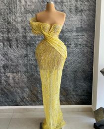 Prom Yellow Bateau Sleeveless Lace Hollow Appliques Sequins Beaded Dresses Embroidery Floor Length Evening Dress Plus Size Custom Made