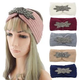 Elegant Sweet Women Knitted Headband Six-Leaf Crystal Beaded Elastic Hair Bands Winter Crochet Head Wrap Washing Face Hairbands