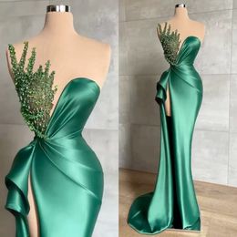 New Year's Hunter Green Mermaid Evening Dresses for African Women Long Sexy Side High Split Shiny Beads Sleeveless Formal Illusion Prom Party Gowns