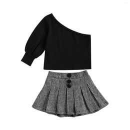 Clothing Sets Toddler Kid Girls Casual 2 Pcs Clothes Black Oblique Shoulder Shirts Tops With High Waist Buttons Pleated Skirts 1-6T