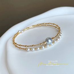 221011005 pearl Jewellery double bracelet bangle akoya 7.5-8mm & 3-3.5mm au750 18k yellow gold cuff free size