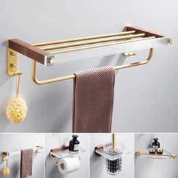 Bath Accessory Set Bathroom Hardware Towel Rack Paper Holder Toilet Brush Bar Corner Shelf Brushed Gold Aluminium And Walnut