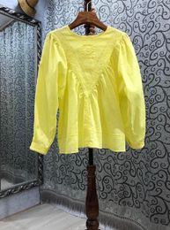 Women's Blouses Linen Tops 2022 Summer Style Women O-Neck Exquisite Embroidery Long Sleeve Casual Loose Yellow White Black Blouse Femme
