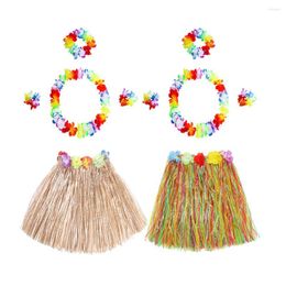 Decorative Flowers Kids Girls Hawaiian Grass Hula Style Suit Flower Skirt Garland Dance Party Costume Set Woman Dress Up