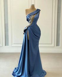 Dusty Blue Evening Dresses Satin Applique Beaded Mermaid Prom Gowns One Shoulder Sexy High Slit Hollow Out Formal Party Wear Vestidos Robes