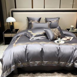 Bedding Sets Deep Grey Wave Gold Embroidery Luxury Set Silky Soft 4Pcs 1000TC Egyptian Cotton Duvet Cover Bed Sheet Pillowcases