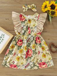 Toddler Girls Floral Print Ruffle Trim Dress With Headband SHE