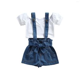 Clothing Sets Girls Casual Two-piece Clothes Set White Solid Colour T-shirt And Suspender Shorts With Pockets 1-6Y