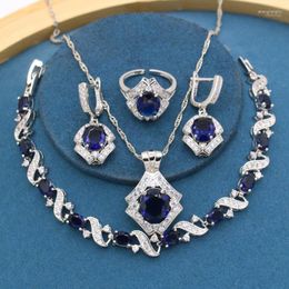 Necklace Earrings Set & Dark Blue Stones Silver Colour For Women Party Bracelet Adjustable Open Ring Gift Box