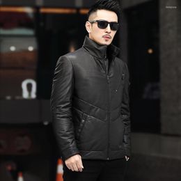 Men's Down Thick Brand Genuine Leather Jacket Men Winter Warm Stand Collar Business Coat Luxury Black Slim Casual Short