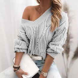 Women's sweaters Casual Knitted Elegant Beaded Loose Knitted Tops Sexy V-Neck Long Sleeve Solid Pullover Jumper