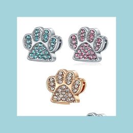 Silver Fits Pandora Original Bracelets 20Pcs Dog Paw Print Crystal Sier Charms Beads Pink Heart Enamel Cake Bead For Women Diy Europ Dhpdq