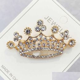 Pins Brooches Fashion Crown Brooches Gold Sier Colour Clear Rhinestone Pins Dress Decoration Buckle Badge Jewellery Accessories For Wo Dhqax