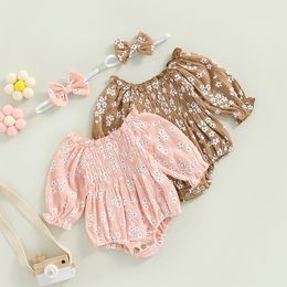 Rompers born Girl Outfits Long Sleeve Floral Printed Pleated Cute Bow-Knot Headband Set 221018