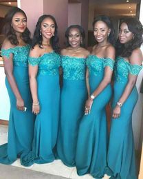 Turquoise Teal Blue Mermaid Bridesmaid Dresses Off Shoulder Lace Applique African Wedding Guest Maid of Honour Gowns Prom Evening Dress