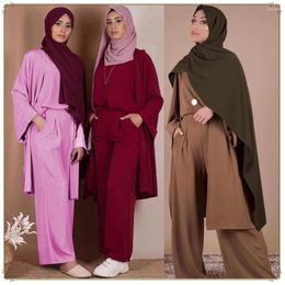 Ethnic Clothing Muslim Clothes Women 3 Piece Set Khimar Dubai Arab Cardigan Tops Pants Suits Katfan Islamic Turkey Jilbeb Hijab Abaya