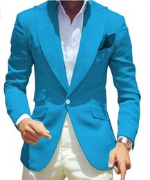 Fashion Lake Blue Men Wedding Tuxedos Groom Wear Peak Lapel Slim Fit Men Blazer Prom Dinner Dress Formal clothing Custom Made