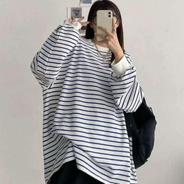 Women's T Shirts Size 6XL 150KG Autumn Women Harajuku Striped Tshirt Long Sleeve O Neck T-Shirt Ulzzang Korean Casual Oversized Shirt Black