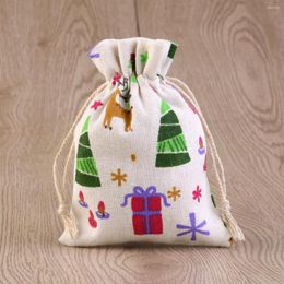 Storage Bags 10pcs Linen Jute Burlap Drawstring Bag Christams Pattern Jewelry Candy Wedding Party Favors 13.5x9.5cm