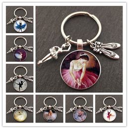 Ballet Dancer Character Silhouette Keychain Glass Convex Ballet Girl Oil Painting Keyring Dance Lovers Jewellery Gift