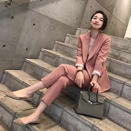 Women's Tracksuits 2022 Women 2 Two Piece Sets Short Pink Solid Blazer High Waist Pant Office Lady Notched Jacket Suits Korean Outfits Femme