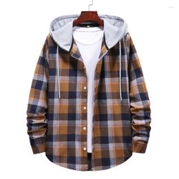 Men's Hoodies Men's Fashion Long Sleeve Stitching Plaid Hooded Shirt Spring/Autumn Casual Thin Jacket Street Style Retro Button Up