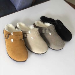 Australische Wolle Designer Boston Cloggs Hausschuhe Winterfell-Abnutzungs-Slipper-Clogs Korkschieber Lederwolle Sandalen Damen-Loafer-Schuhe mit Box NO421