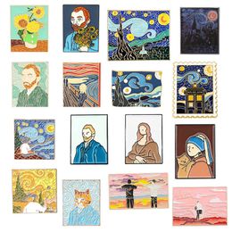 Brooches Van Gogh oil painting series metal paint bust figure cat landscape art badge accessories