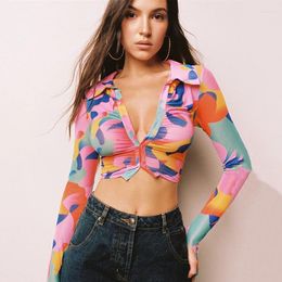 Women's T Shirts Multicolor Printing Skinny T-shirt Single-breasted Open Navel Short Tops Long Sleeve Turn-down Collar Fashion Chic Women