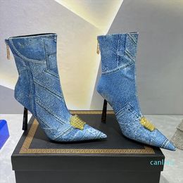 Ayak bileği botları yüksek topuk ayakkabıları stiletto boot kadın patik denim moda tasarımcısı karışık renkler 10cm klasik