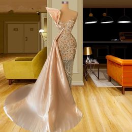 Graceful Champagne Mermaid Prom Dresses Beading Illusion Party Dresses Luxury Sheer Neck Custom Made Evening Dress