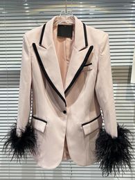 Women's Suits HIGH STREET Est 2022 Designer Blazer Women's Colour Block Stylish Feather Embellished Long