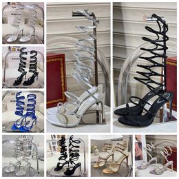 Kronleuchter-Kristalle Honig-Sandale, Schlange, die elegante Sandale mit Stiletto-Absatz, RENE CAOVILLA-Kristall, goldene Strass-Kleidschuhe, silberne Sohlen, Damen-Sommer-Pumps