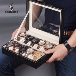 BOBO BIRD Leatherette Black Watch Box 6/10 Slots Jewellery Set Storage Gift Boxes Display Organiser Case Boite Cadeau 220428
