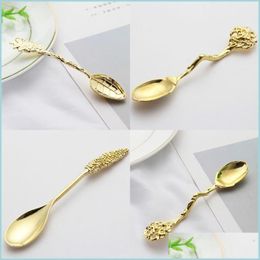 Spoons Gold Plating Ladle Coconut Trees Leaf Branch Plant Spoon Metal Carving Spoons Kitchen Accessories Coffe Dessert 2 2Sd C2 Drop Dhyvq