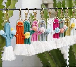 Hand woven cactus keychain bohemian floral tassel bag pendant women Key rings for Lanyard keys accessories BBB16543
