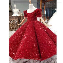 Girl Dresses Full Sequins Ball Gown Princess Red Flower Girls Lovely Formal Kids Party Gowns 2022 Communion Birthday Dress Bling