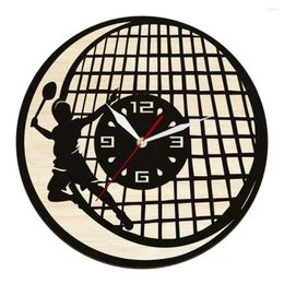 Wall Clocks Badminton Player Laser Cut Silhouette Wood Clock For Bedroom Shuttlecock Home Decor Dual Layer Wooden Racquet Watch