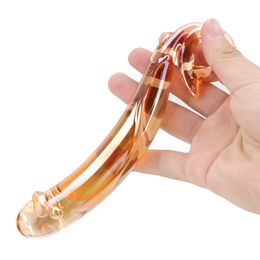Beauty Items Female Masturbation Transparant Crystal Cock sexy Toys for Women Fake Penis Butt Anal Plug Vagina Massage Golden Glass Dildo