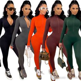 Herbst Winter Neue Damenmode Sport Overalls Freizeit Enge Langarm Verbunden Hosen Zipper Strampler Bodycon Capris