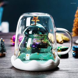 Mugs 2022 Creative Christmas Mug Glass Tree Star Cup High Temperature Double Water Party Xmas Gifts Foldable Travel