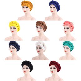 Muslim Womens Solid Color Wrap Turban Fold Hat Beanies African Nigerian Femme Party Wedding Top Hats Pleated Cap Gele Headgear