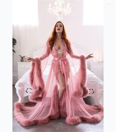 Wraps Pink Bathrobes Nightwear Luxury Fur Belt Illusion Wedding Party Sleepwear Custom Made Nightgowns Robes Pregant Pograph