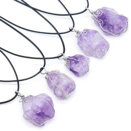Hand Craft Flower Wrap Reiki Healing Stone Purple Crystal Necklace Raw Cluster Rock Mineral Natural Amethysts Pendant Necklaces