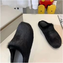 2023Fashion Fur Slippers Women Round Toe Horse Hair Slides Female Black Rose Red Green Mules Shoes Flat Half Slipper Woman Casual plush shoess