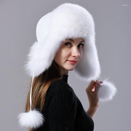 Berets Ushanka Women Natural Fur Aviation Hat With Ears Winter Warm Fluffy Stylish Female Earflap Cap Fashion Real Hats