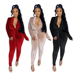 Women's Two Piece Pants Women Velvet 2pcs Sets Casual Long Sleeve Button V-Neck Coats Jogging Skinny Suit Autumn Sporty Tracksuit Outfits