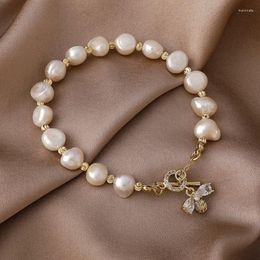 Link Bracelets Ins Elegant Baroque Natural Pearl Beads For Woman Luxury Zircon Bee Pendant Bracelet Fashion Girl's Sweet Jewelry