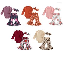 Clothing Sets Infant Girl Autumn Clothes Set Solid Colour Ribbed Long Sleeve Knitted Romper Leopard Flower Print Flare Pants Headband